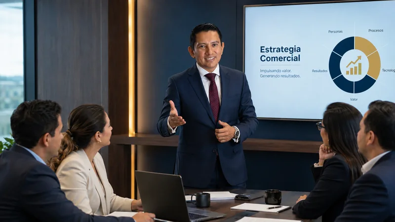 Simón Velásquez en una reunión de consultoría comercial con un equipo ejecutivo