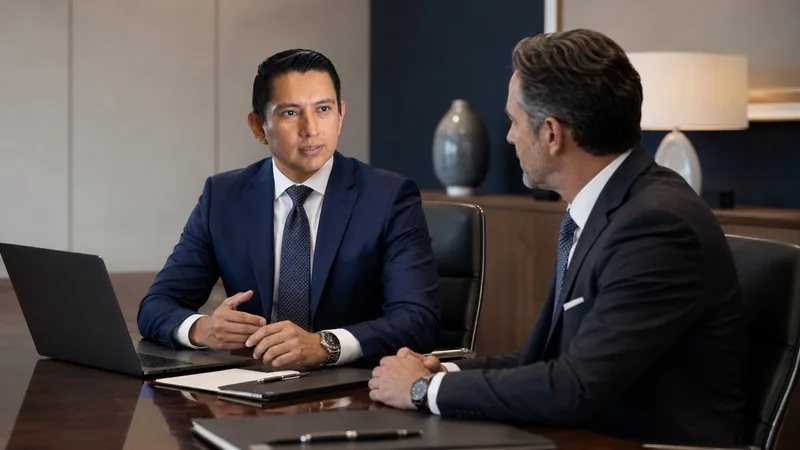 Simón Velásquez conversando con un ejecutivo durante una sesión de consultoría comercial
